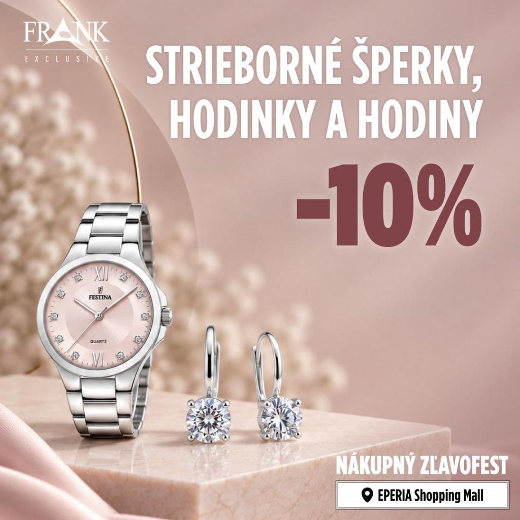 STRIEBORNÉ ŠPERKY, HODINKY A HODINY – 10 %